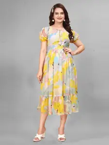 BAESD Floral Printed Puff Sleeve Georgette Fit & Flare Midi Dress