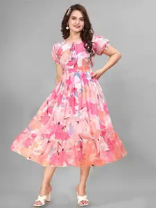 BAESD Floral Print Tie-up Neck Puff Sleeves Georgette Pleated Fit & Flare Midi Dress
