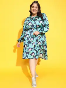 Oxolloxo Plus Size Floral Print Puff Sleeves Blouson Dress