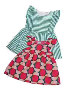 Creative Kids Girls Pack of 2 Striped Round Neck Cap Sleeves Cotton Fit & Flare Dress