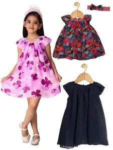 Creative Kids Girls Pack Of 3 Floral Print Round Neck Fit & Flare Dresses