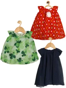 Creative Kids Girls Pack of 3 Floral Printed Round Neck Cap Sleeves A-Line Dress