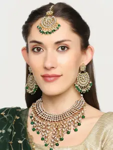 OOMPH Gold-Plated Kundan Choker Necklace with Earring & Maangtikka Jewellery Set