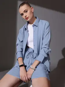 STREET 9 Self Design Shirt Collar Neck Shirt With Shorts Co-Ords