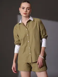 STREET 9 Solid Pure Cotton Shirt & Shorts Co-Ord Set