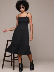 Roadster Solid Smocked Crepe A-Line Midi Dress