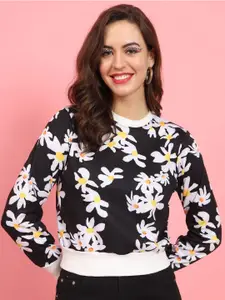 TANDUL Floral Printed Round Neck Pullover Crop Sweatshirt