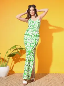 TANDUL Shoulder Straps Sleeveless Floral Print Maxi Dress