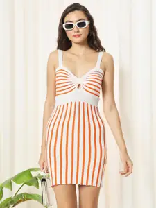 TANDUL Shoulder Straps Sleeveless Striped Bodycon Dress