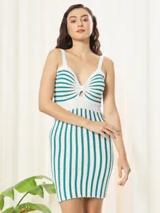 TANDUL Shoulder Straps Sleeveless Striped Bodycon Dress