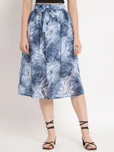 NUEVOSDAMAS Floral Printed A-Line Midi Skirt with Tie Up Belt