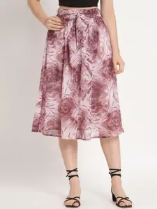 NUEVOSDAMAS Floral Printed A-Line Midi Skirt with Tie Up Belt