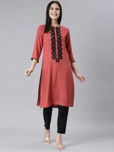 Neerus Geometric Embroidered Round Neck Straight Kurta