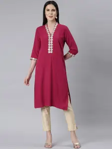 Neerus Yoke Design Sequinned V Neck Straight Kurta