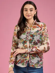 DressBerry Brown Smart Floral Semi Sheer Printed Chiffon Casual Shirt