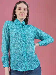 DressBerry Smart Turquoise Blue Floral Print Spread Collar Semi Sheer Chiffon Casual Shirt