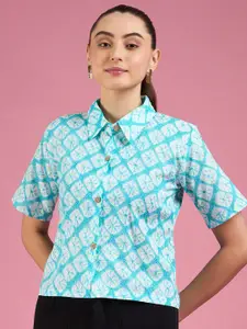 DressBerry Turquoise Blue Relaxed Geometric Printed  Pure Cotton Casual Shirt