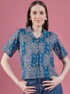 DressBerry Navy Blue Relaxed Ethnic Motifs Printed Cotton Casual Shirt