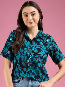 DressBerry Relaxed Navy Blue Floral Printed Spread Collar Crop Casual Shirt