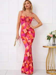 TANDUL Women Geometric Printed Shoulder Straps Bodycon Maxi Dress