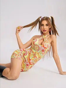 TANDUL Halter Neck Sleeveless Tropical Print Bodycon Mini Dress