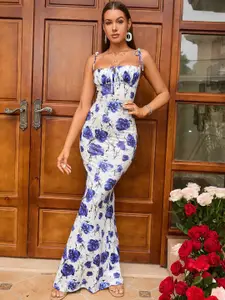 TANDUL Shoulder Straps Sleeveless Floral Print Maxi Dress