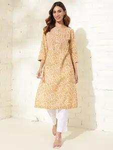 Fabindia Floral Printed Round Neck Three-Quarter Sleeves Cotton Kurta