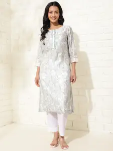 Fabindia Geometric Checked Round Neck Three-Quarter Sleeves Cotton Silk Kurta