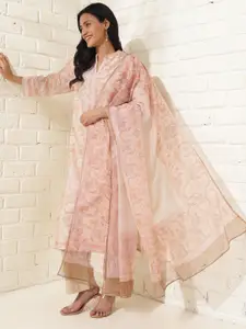 Fabindia Women Pink Block Printed Kurta with Dupatta