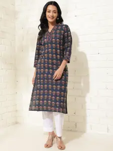 Fabindia Geometric Printed V-Neck Three-Quarter Sleeves Cotton Kurta