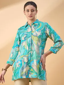 all about you Tropical Print Cuffed Sleeves Longline Shirt Style Top