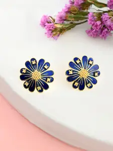 Voylla Cubic Zirconia Gold-Plated Oxidised Floral Studs Earrings