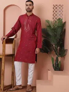 Jompers Embroidered Mandarin Collar Long Sleeves Sequinned Kurta with Pyjamas