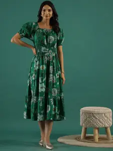 Sangria Green Floral Printed Square Neck Puff Sleeves Cotton Fit & Flare Midi Ethnic Dress