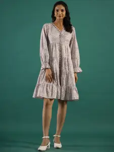 Sangria Pink Floral Printed V-Neck Cotton A-Line Ethnic Dress