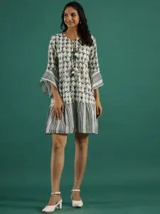 Sangria Cream-Coloured Ethnic Motifs Printed Bell Sleeves Cotton A-Line Ethnic Dress