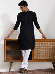 VASTRAMAY Paisley Embroidered Mandarin Collar Long Sleeves Pure Cotton Kurta with Churidar