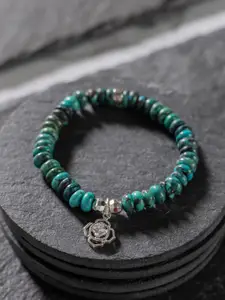 Stone Story By Shruti Women Rhodium-Plated Turquoise Beaded Elasticated Bracelet