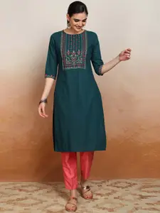 VishudhTeal Green Yoke Design Thread Work Kurta