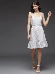 TANDUL Women Polka Dots Printed Shoulder Straps Cotton Fit & Flare Above Knee Dress