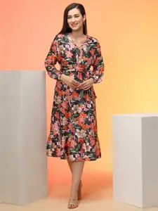 Globus Black Tropical Printed Puff Sleeves Satin Midi Fit & Flare Dress