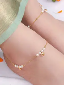 Unniyarcha 92.5 Silver Pack Of 2 Gold-Plated Artificial Stones and Beads Anklet