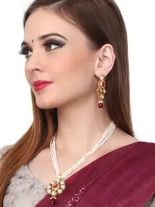 Anvik Gold-Plated Stones-Studded & Beaded Necklace & Earrings