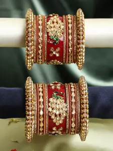 Adwitiya Collection Set Of 26 Gold Plated Peacock Designed Stone Studded Chuda Bangles