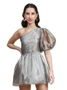 Rujave One Shoulder Puff Sleeves Crepe Fit & Flare Mini Dress