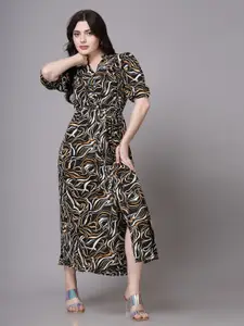 aayu Abstract Printed Mandarin Collar Puff Sleeves A-Line Midi Dress