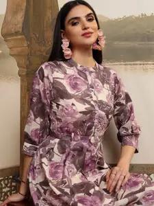 Vishudh Floral Print Puff Sleeve Fit & Flare Midi Dress