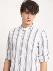 THE BEAR HOUSE Pure Cotton Striped Slim Fit Mandarin Collar Casual Shirt
