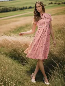 RARE Floral Print Tie-Up Neck Georgette Fit & Flare Dress