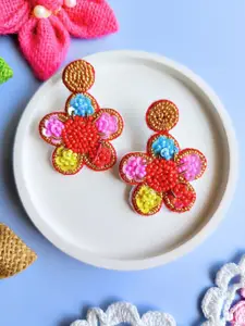 Sangria Gold-Toned & Red Beads Beaded Floral Drop Earrings